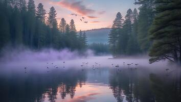 Fog Rolling Over Calm Lake Surrounded by Forest at Sunset photo