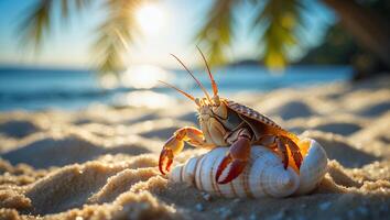 Hermit Crab on Shell at Sunny Beach with Palm Tree photo