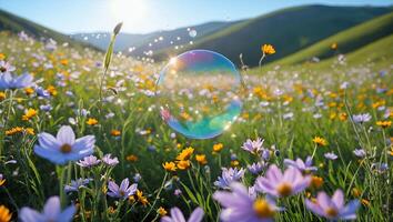 Soap Bubble Floating in Wildflower Meadow with Sunlight and Green Hills photo