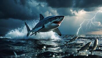 Great White Shark Breaching Water with Lightning Storm Background Scenery photo