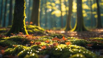 Sunlit Forest Floor with Moss and Dew Drops in Serene Setting photo