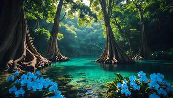 Scenic Tranquil River Flowing Through a Lush Green Forest Landscape photo