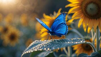 Blue Butterfly Resting on Leaf with Water Droplets and Sunflowers photo