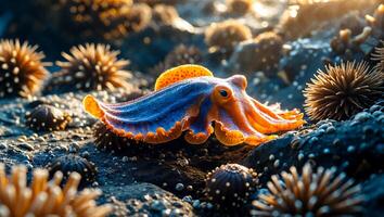 Cuttlefish Resting Among Sea Urchins on Rocky Seabed Nature Scene photo