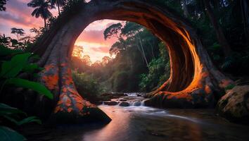 River Flowing Under Natural Tree Archway in Lush Tropical Setting photo