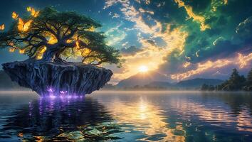 Floating Tree Island Reflecting in Calm Water at Sunset Landscape photo