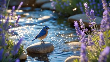 Bluebird Resting on a Rock in a Sparkling Stream with Lavender photo