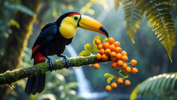 Toucan Bird Perched on Branch with Berries in Lush Rainforest photo