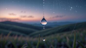 Water Drop Reflecting Landscape at Sunset Hanging in a Field photo