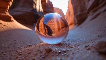 Lens Ball Reflecting Desert Rock Formations and Sunlight in Nature photo