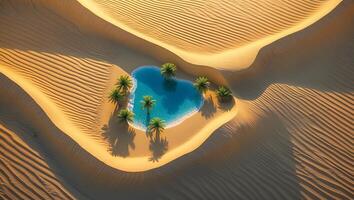 Aerial View of Desert Oasis with Palm Trees and Sandy Dunes photo