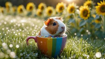 Guinea Pig Sitting in a Colorful Cup Among Sunflowers photo