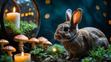 Rabbit Sitting Near Candles and Mushrooms in a Forest Scene photo