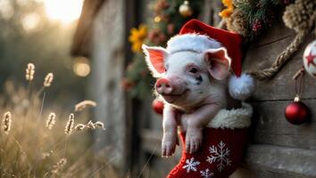 Piglet in Christmas Stocking Wearing Santa Hat Holiday Scene photo