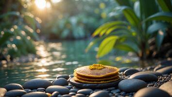 Stack of Pancakes by Pond with Tropical Greens and Sun Flare photo