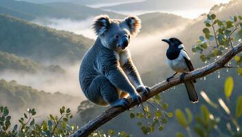 Koala and Bird Perched Together on Branch with Mountain Backdrop photo