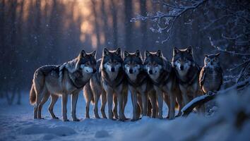 Wolves and Owl Standing Together in Snowy Winter Forest Landscape photo