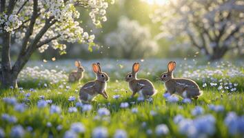 Rabbits Playing in a Flower Meadow with Blooming Trees at Springtime photo