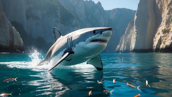 Great White Shark Breaching Water in Ocean with Cliffs Scenery photo