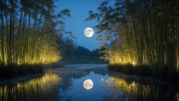 Reflecting Moon Over Tranquil Lake Surrounded by Illuminated Bamboo Trees photo