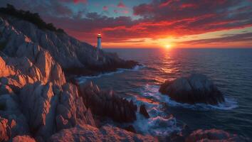 Lighthouse on Rocky Coastline at Sunset with Dramatic Sky Reflections photo