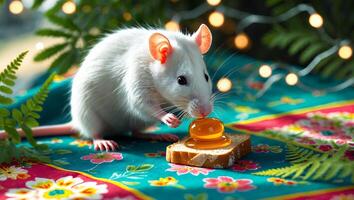 White Rat Eating Honey on Bread with Festive Greenery Background photo
