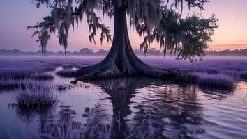 Solitary Swamp Tree Reflecting in Calm Water at Dusk photo