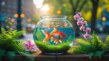 Goldfish Swimming Peacefully in a Glass Bowl with City Backdrop photo