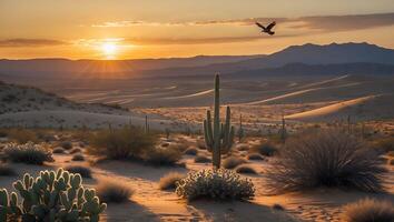 Desert Landscape with Cacti at Sunset and Bird Flying Above photo