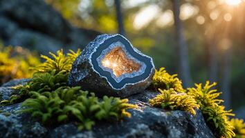 Agate Geode Showing on Rock Outdoors in Natural Sunlight photo