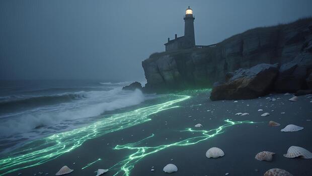 Lighthouse on Cliffside Overlooking Ocean Waves and Glowing Beach photo