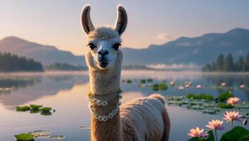 Llama Standing in Lake with Lily Pads at Sunrise Serenity photo