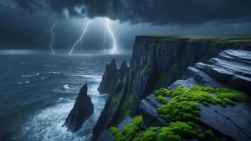 Striking Cliffs Overlooking Ocean with Lightning During a Dramatic Storm photo