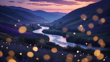 Scenic Valley River Flowing Through Lavender Fields at Dusk photo