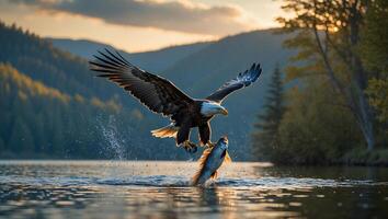 Eagle Catching Fish Over a Lake at Sunset with Mountain Backdrop photo
