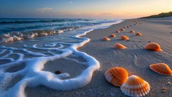 Seashells on Beach at Sunset with Wave Foam and Warm Light photo