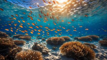 Swimming Fish Underwater Near Coral Reef with Sunlight and Ocean photo