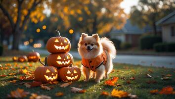 Dog in Costume with Jack-o'-lanterns on Autumn Lawn photo