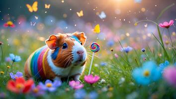 Guinea Pig Gazing at Lollipop in Flower Meadow with Butterflies photo
