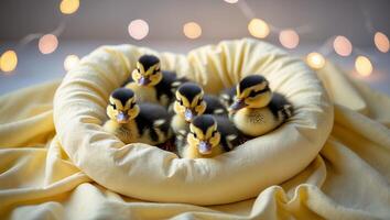 Ducklings Resting Together in Yellow Fabric with Glowing Light Backdrop photo