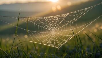 Spiderweb Covered in Morning Dew Glistens in the Rising Sun photo