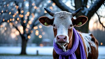 Cow Wearing Scarf in Winter Landscape with Bokeh Lights Background photo