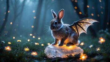 Fantasy Bunny with Wings Sitting on Glowing Crystal in Forest photo