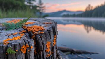 Tree Stump by Lake with Fern and Orange Lichen at Sunset photo