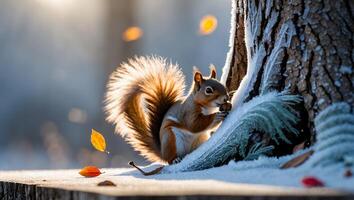 Squirrel Eating Nut by Tree in Winter Forest Scene photo