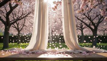 Falling Cherry Blossom Petals with Light Through Open Curtains in Garden photo
