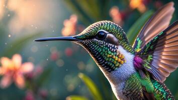 Hummingbird Close-up Among Flowers with Vibrant Iridescent Feathers and Wings photo