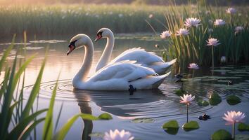 Swans Swimming Peacefully in Pond with Lily Pads and Flowers photo