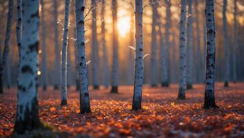 Walking Through Birch Forest with Golden Light and Autumn Leaves photo
