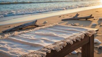 Textured Beige Rug on Wooden Bench at Beach with Ocean View photo
